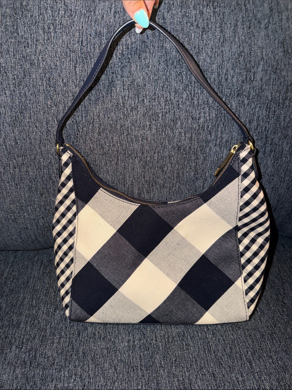 NWOT Talbots Hobo purse gingham linen and leather Navy and Cream Bag